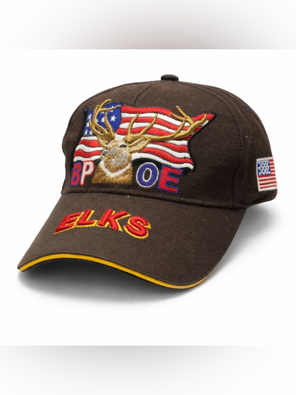 Elks Hat BPOE USA Cap Brown Adjustable American Flag Vintage StapBack Hat